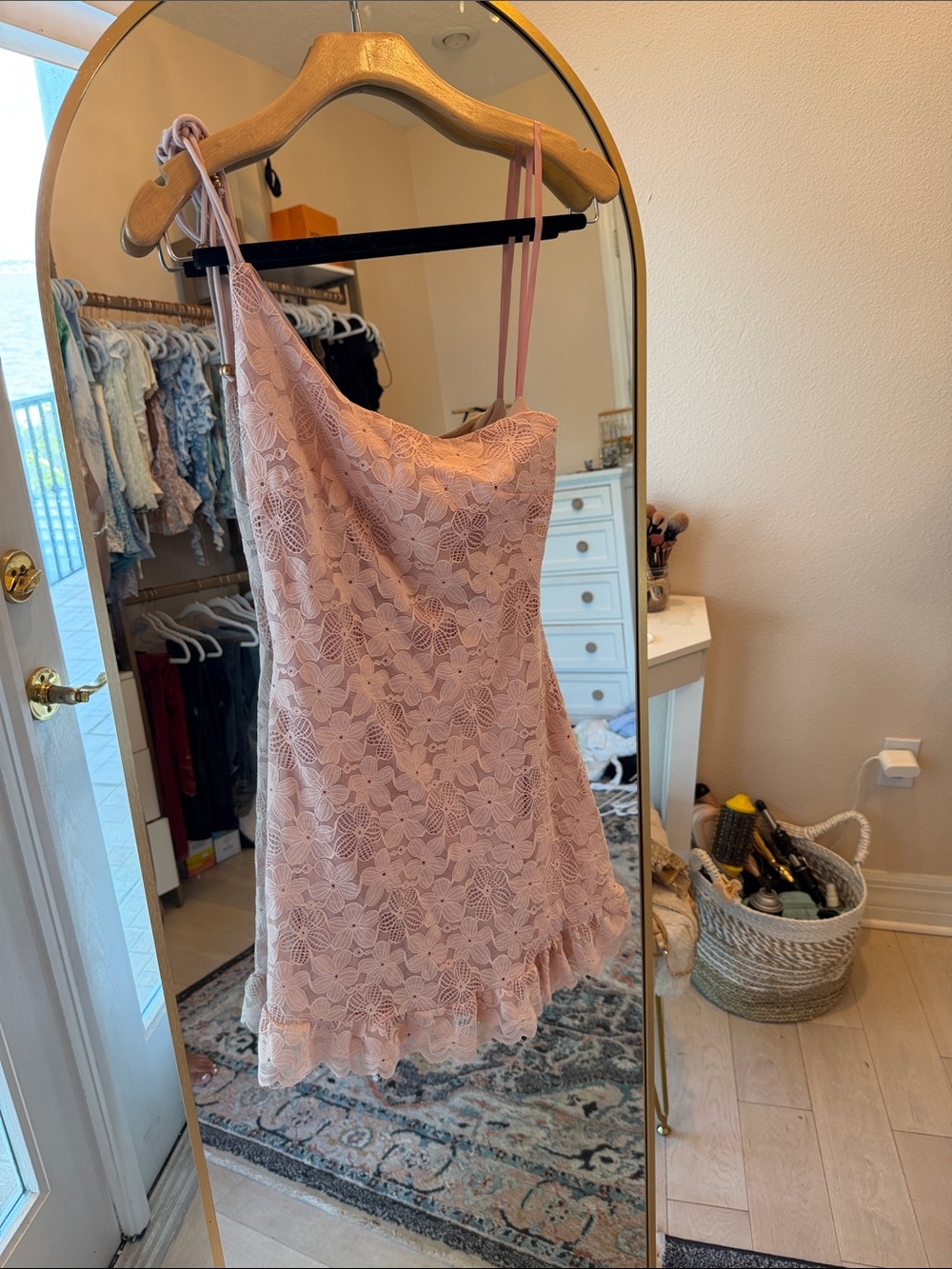 Hello Molly Pink Lace Mini Dress with Ruffle Hem